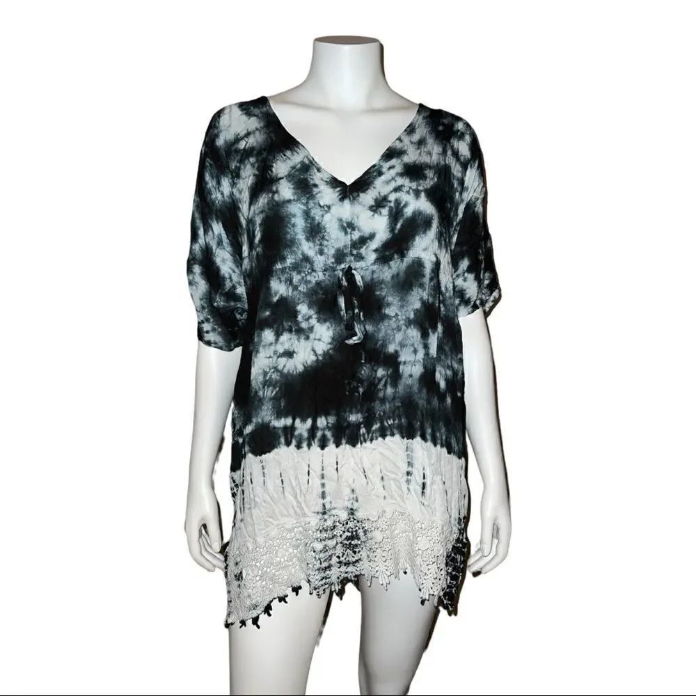 Raviya Black Tie Dye Tunic Deep V Neck Tie Crochet Swimsuit Cover Up Large NWT